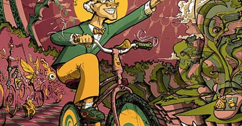 “Bicycle Day”. Ink tab depicts the day Hofmann discovered the psychedelic properties of LSD