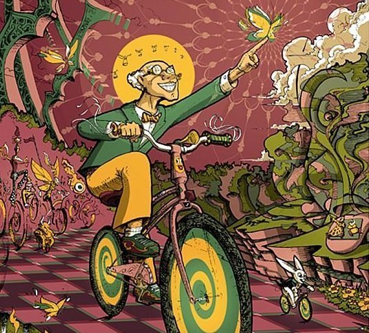 “Bicycle Day”. Ink tab depicts the day Hofmann discovered the psychedelic properties of LSD “Bicycle Day”. Ink tab depicts the day Hofmann discovered the psychedelic properties of LSD